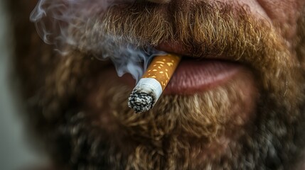 Close-up of a bearded man smoking a cigarette highlighting missing tooth