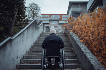 A senior man in a wheelchair at the bottom of an outdoor staircase, emphasizing challenges in accessibility and daily barriers
 - Powered by Adobe