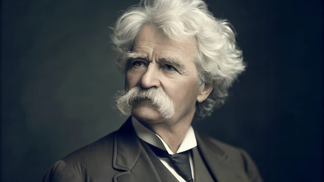 Portrait von Mark Twain vor dunkelgrünem Hintergrund im Stil einer colorierten Fotografie