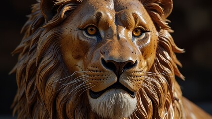 Fototapeta premium A crafted wooden lion statue. The intricate details of the statue, including the texture of the mane, the shape of the eyes, and the strong expression, create a sense of realism and tangible quality.