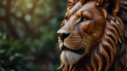 Fototapeta premium A crafted wooden lion statue. The intricate details of the statue, including the texture of the mane, the shape of the eyes, and the strong expression, create a sense of realism and tangible quality.