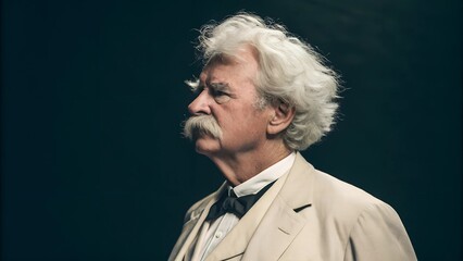 Portrait von Mark Twain vor dunkelgrünem Hintergrund im Stil einer colorierten Fotografie