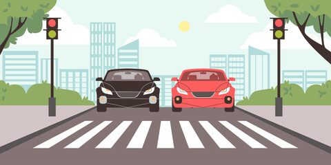 Cars waiting for traffic stop light on cityscape, vector cartoon safety crosswalk, automobile transport traffic control