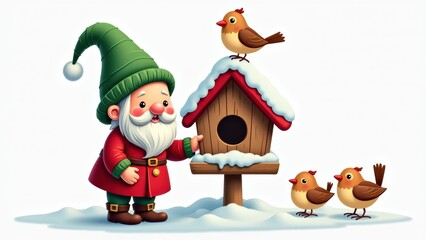 Fototapeta premium A Cheerful Figure in a Green Hat Feeding Birds by a Snow-Covered Birdhouse During Winter