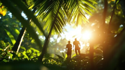 Silhouetted figures walk along a sunlit forest path, surrounded by lush greenery and tropical plants, illustrating exploration and natural beauty.