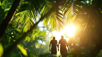 Two silhouetted individuals walk hand-in-hand through a vibrant forest, with sun rays piercing through lush leaves, creating a serene and adventurous atmosphere.