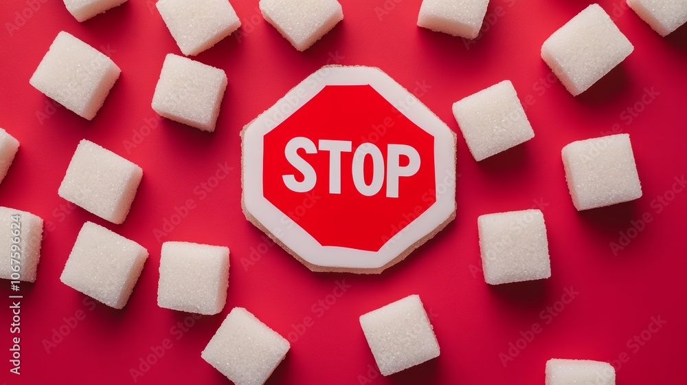 Poster promoting a sugar free lifestyle. conceptual image featuring sugar cubes and a stop sign. highlighti