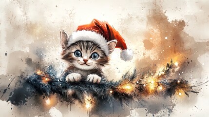 Adorable Kitten in Santa Hat by Sparkling Christmas Tree - Perfect for Festive Wall Art or Holiday Home Decor!