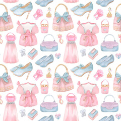 Seamless Wallpaper Background: Watercolor Tiny Princess Accessories in Soft Pastel Tones
