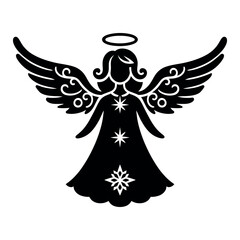 Beautiful christmas angel, black silhouette, vector illustration