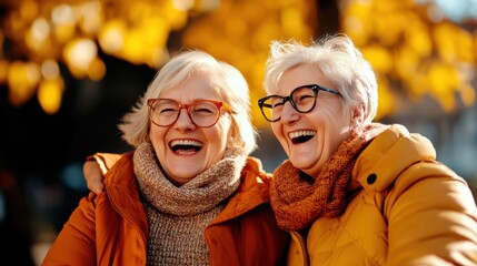 Two elderly women in cozy clothing, enjoying a lighthearted moment of laughter in an autumn park, surrounded by falling leaves and bathed in warm sunlight.