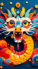 Naklejka premium vibrant and intricate dragon design featuring bold colors and dynamic shapes, showcasing blend of traditional and modern artistic styles. dragons fierce expression and detailed features evoke sense
