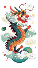 vibrant and colorful illustration of Chinese dragon soaring through clouds, showcasing intricate details and playful expression. dragon is adorned with traditional features, embodying strength and