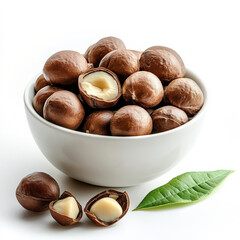 Obraz premium A bowl of macadamia nuts, isolated on a white background, showcasing a popular snack