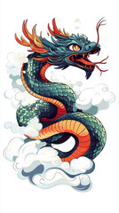 vibrant and dynamic illustration of Chinese dragon coiling through clouds, showcasing intricate scales and vivid colors. dragons fierce expression and flowing mane evoke sense of power and mystique