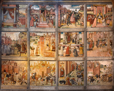 PAVIA, ITALY - SEPTEMBER 9, 2024: The fresco Storys of St. Theodore in the church Chiesa di San Teodoro by Anonimo Lombardo (1514)