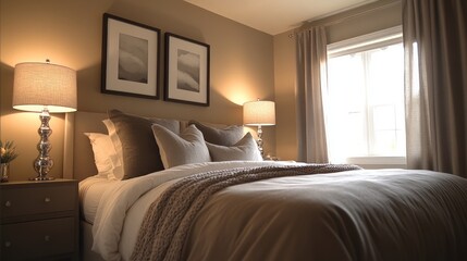 A cozy bedroom with a bed, a window, and bedside tables.