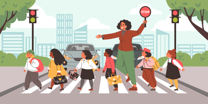 Teacher holding road sign stop and school kids cross the street by crosswalk, vector safety crosswalk with traffic light