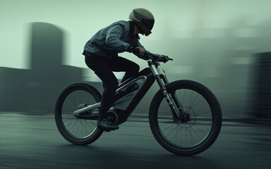 Naklejka premium Electric Bike Rider: A sleek, modern electric bike rider navigates through the urban landscape, capturing the thrill of sustainable transportation. This action-packed photograph.