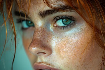 Close-up of woman with freckles and vibrant green eyes