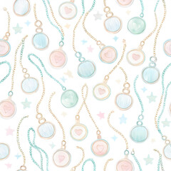 Soft Pastel Watercolor Seamless Pattern of Charm Necklaces with Heart and Star Pendants for a Sweet Design
