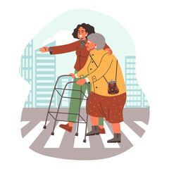 Woman helps grandmother cross the street.