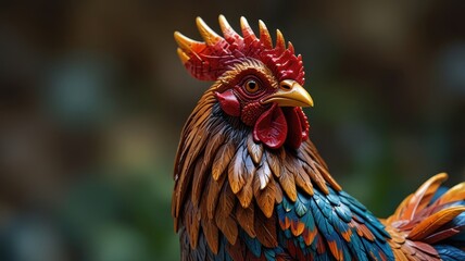 Fototapeta premium A rooster statue made of wood. The intricate details of the statue, including the texture of the feathers, the shape of the beak, and the bright colors, create a sense of realism and tangible quality.