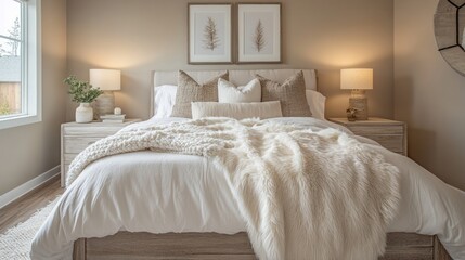 Cozy Bedroom with White Bed, Fur Blanket, and Wooden Nightstands