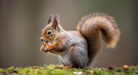 Alert red squirrel holding nut in the
