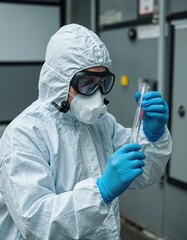 A scientist in full protective gear holding a test tube, wearing goggles, mask and blue gloves for laboratory research. A close-up of safety and scientific research.