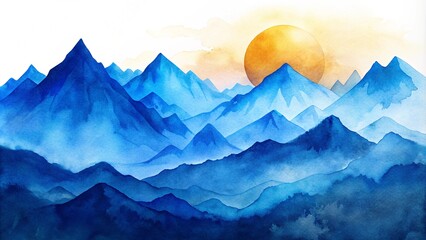 Watercolor blue mountain background. Landscape with mountains in a minimalist style. Wallpaper design, prints and invitations, postcards. Rising sun over the mountains. Vector illustration 
