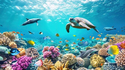 A vibrant coral reef with colorful fish, sea turtles, and playful dolphins in clear blue waters 