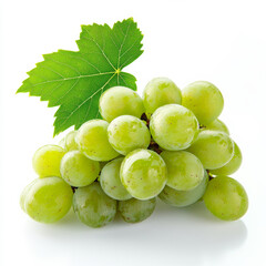 A cluster of green grapes with a few leaves, isolated on a white background, highlighting a refreshing fruit option