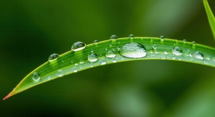 Fototapeta premium Fresh dewdrops on vibrant green leaf in nature