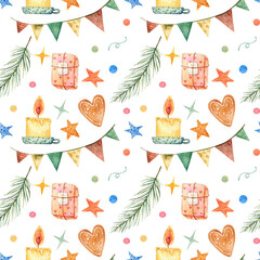 Pattern for New Year and Christmas. Patern with Christmas decorations isolated on a white background. Watercolor illustration: sock, gift, ribbon, present, stars, candle, cookies.