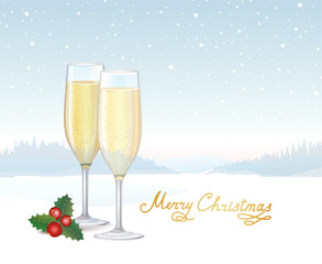 Christmas winter nature background with two glasses of champagne, greeting Merry Chrismas and conifeerous branch with cone in snow