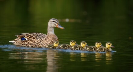 Mother duck leading ducklings on tranquil lake