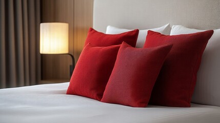 Red Pillows and White Bed in a Modern Hotel Room