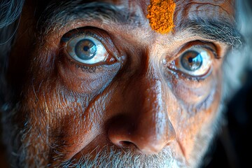 Elderly man with intense gaze and traditional forehead marking