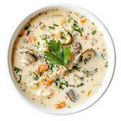 A bowl of creamy clam chowder with fresh herbs, isolated on a white background, highlighting a hearty seafood soup