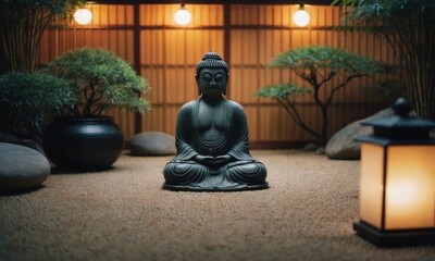 Buddha statue in a peaceful zen garden with candlelight, stones, and bamboo in the background