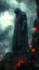 A Knight Templar stands atop a castle wall, his gaze fixed on the besieging forces below.