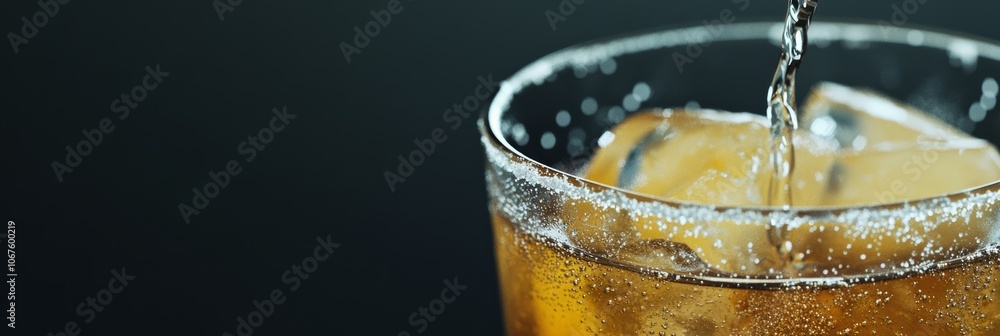 Poster pouring sugary soda into glass with ice, creating tempting drink on dark background, ideal for sugar