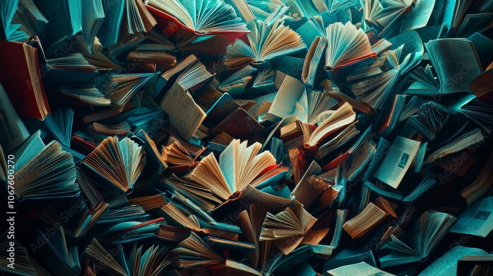 Poster pile of open books creating a dynamic scene