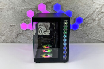 Gaming PC with RGB LED Lights on a computer, assembled with hardware components