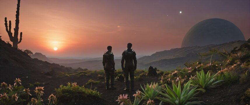 Alien sunrise on a distant exoplanet with sharpeyed space explorers observing the sky as bioluminescent plants bloom