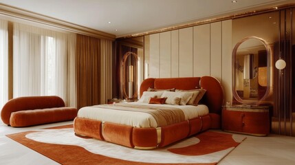 Luxurious Modern Bedroom Interior with Orange Velvet Bed and Gold Accents
