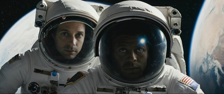 Astronauts with sharp eyes in closeups assembling a space telescope in zero gravity with Earth in the background