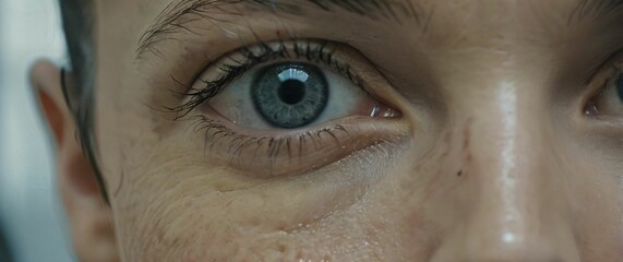 Closeup of a sharpeyed AIgenerated digital mural displaying the merging of human and machine consciousness