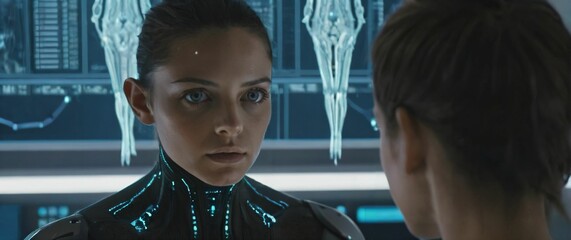 Closeup of a sharpeyed AI avatar interacting with a human in a digital environment filled with floating data streams